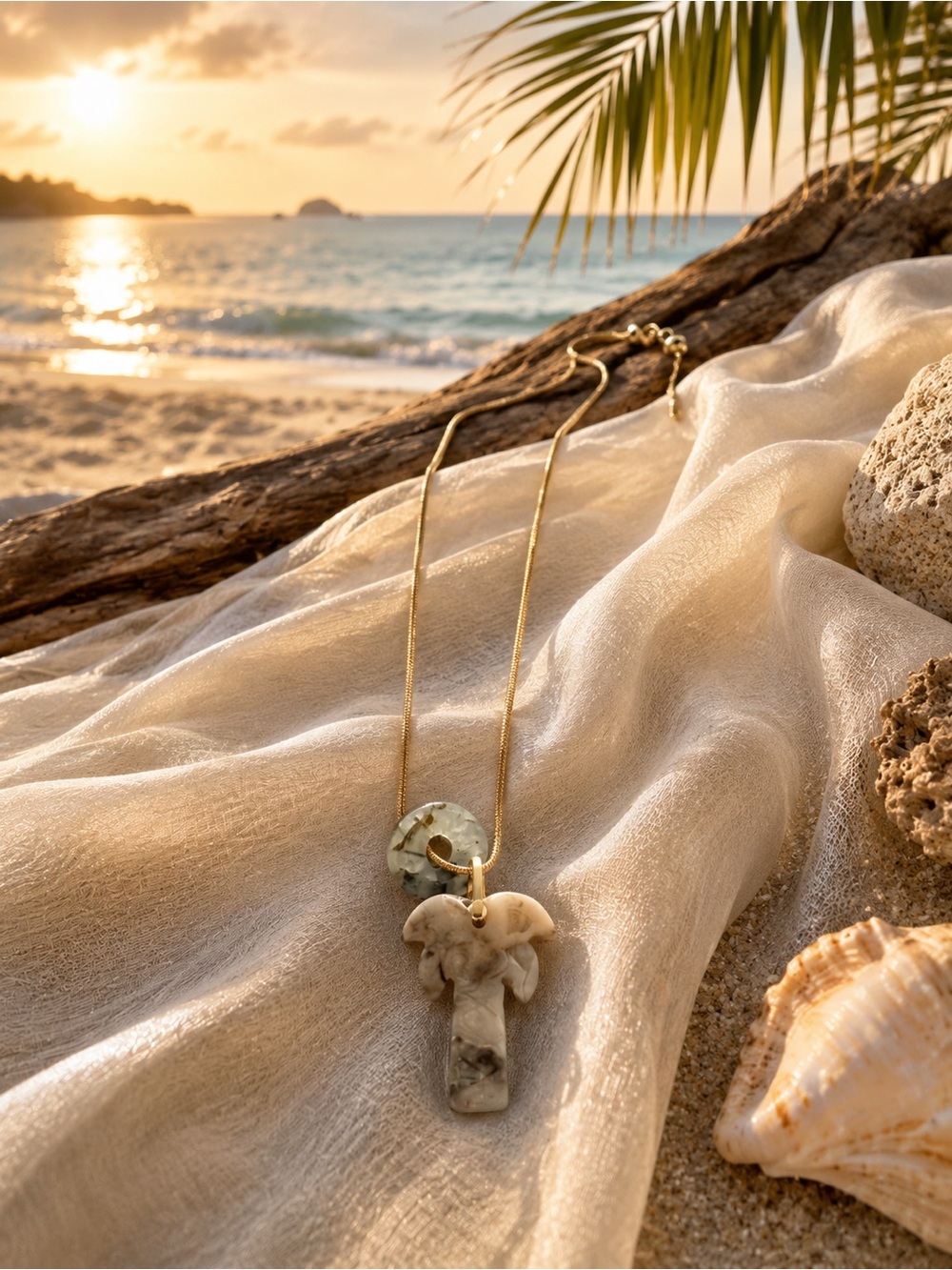 Gold Chain Necklace with Beige Marble Pendant - Women Jewelry